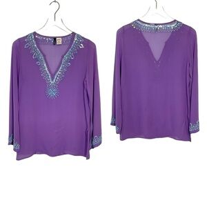 Pow Wow Purple/Lilac 100% Silk Beaded Sequined Tunic Top Side Slits Size 2